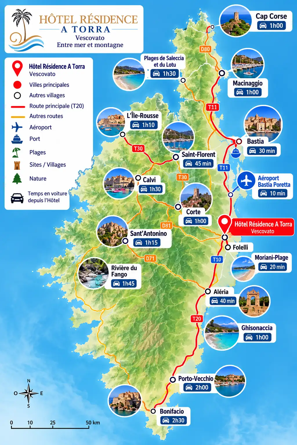 Carte des lieux à visiter depuis l’Hôtel Résidence A Torra en Haute-Corse